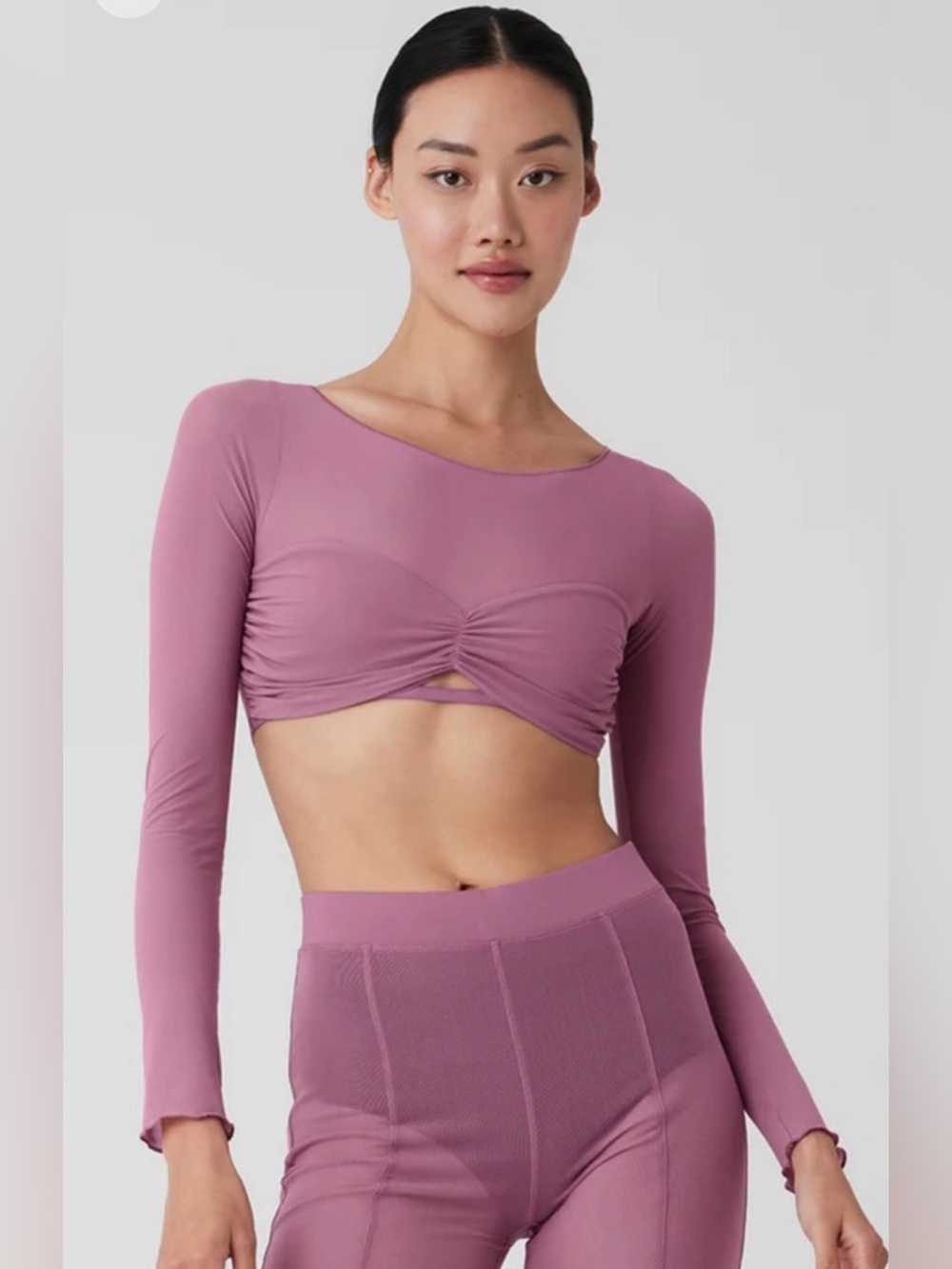 ALO Yoga Mesh Sheer Illusion Cropped Long Sleeve in Soft Mulberry